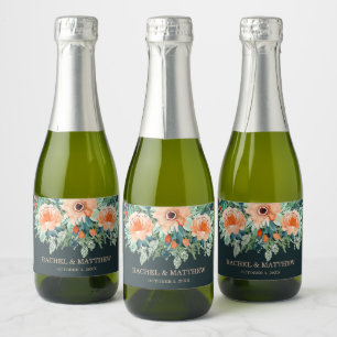 Peach Jade Teal Floral Watercolor Wedding Mini Sparkling Wine Label