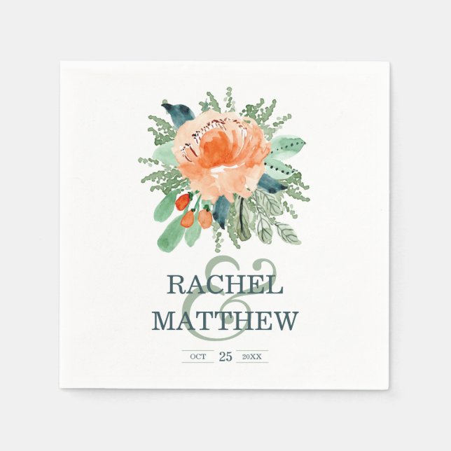 Peach Jade Teal Floral Watercolor Wedding Napkins (Front)