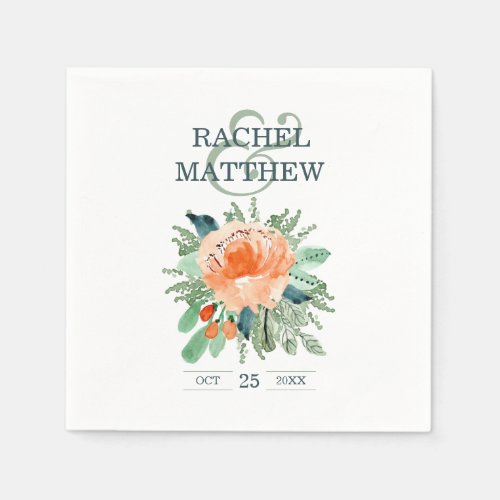 Peach Jade Teal Floral Watercolor Wedding Napkins