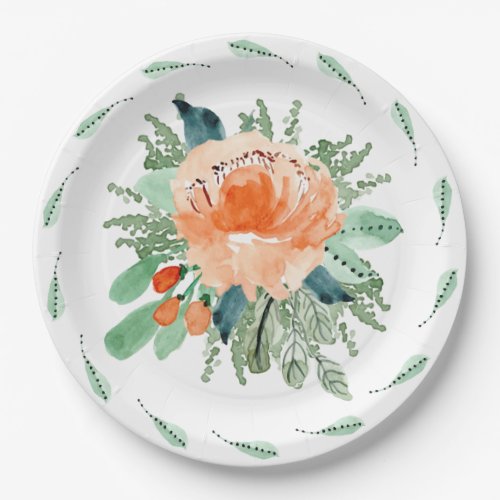 Peach Jade Teal Floral Watercolor Wedding Paper Plates