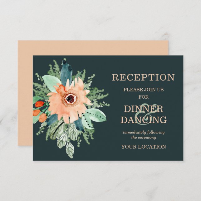 Peach Jade Teal Floral Wedding Reception Cards (Front/Back)