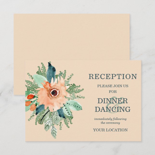 Peach Jade Teal Floral Wedding Reception Cards (Front/Back)
