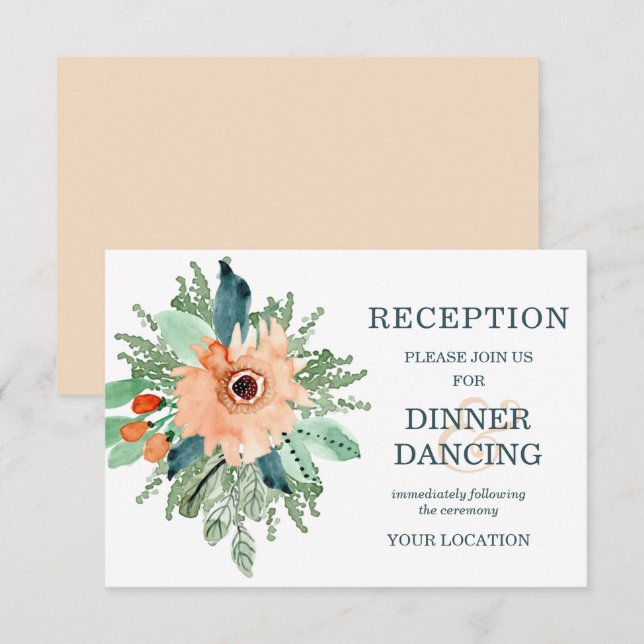 Peach Jade Teal Floral Wedding Reception Cards (Front/Back)