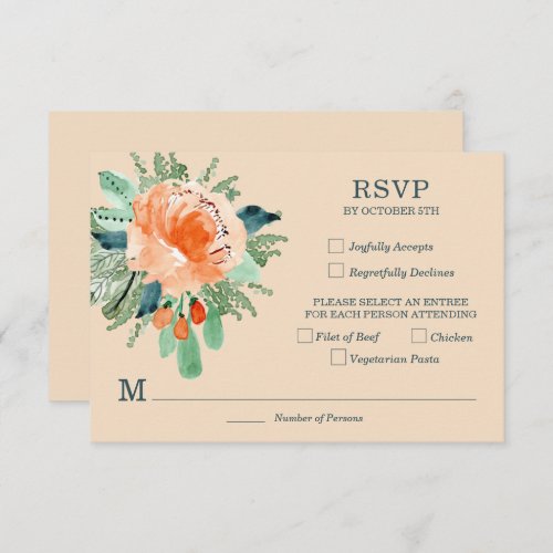 Peach Jade Teal Floral Wedding RSVP Card