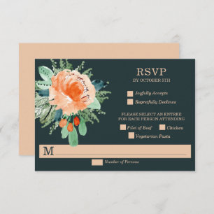 Peach Jade Teal Floral Wedding RSVP Cards