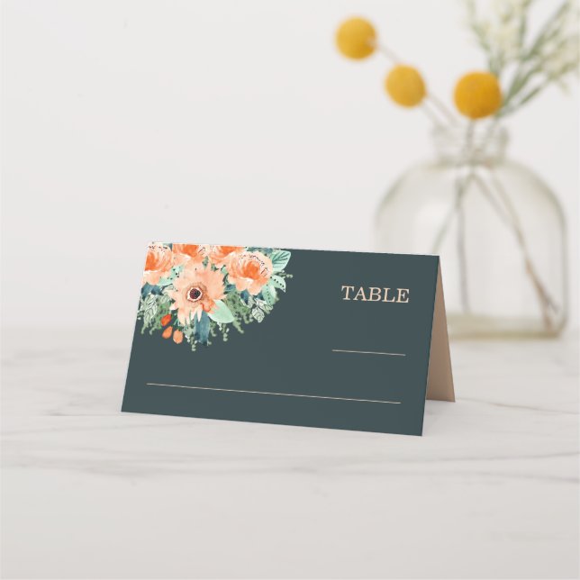 Peach Jade Teal Watercolor Wedding Placecards (Front)