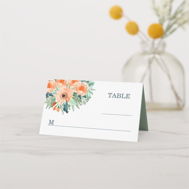 Peach Jade Teal Watercolor Wedding Placecards (Front)