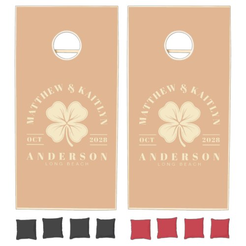 Peach Kiss Irish Lucky Clover Wedding Crest Cornhole Set