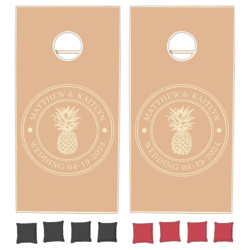 Peach Kiss Pineapple Wedding Crest & Names Cornhole Set
