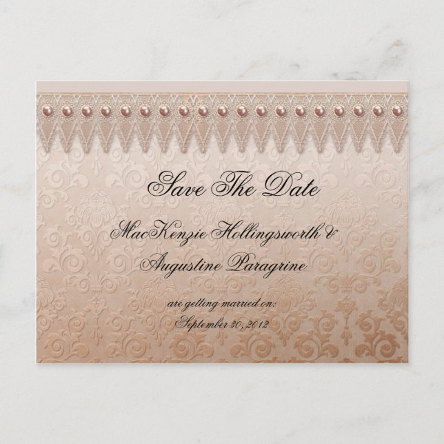 Peach Lace and Damask Save The Date Announcement Postcard (Front)