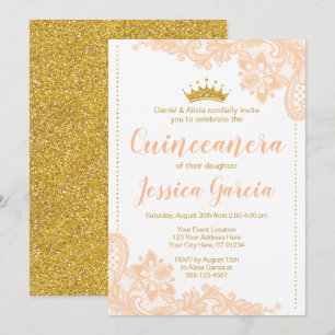 Peach Lace and Glitter Gold Princess Quinceañera Invitation