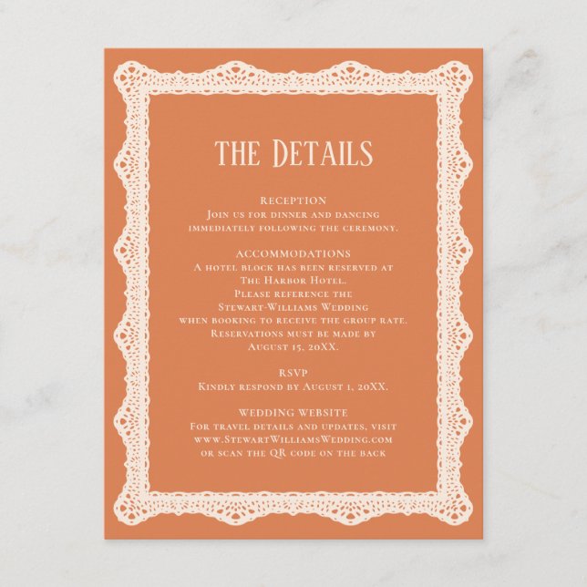 Peach Lace Details Reception Information Wedding  Enclosure Card (Front)
