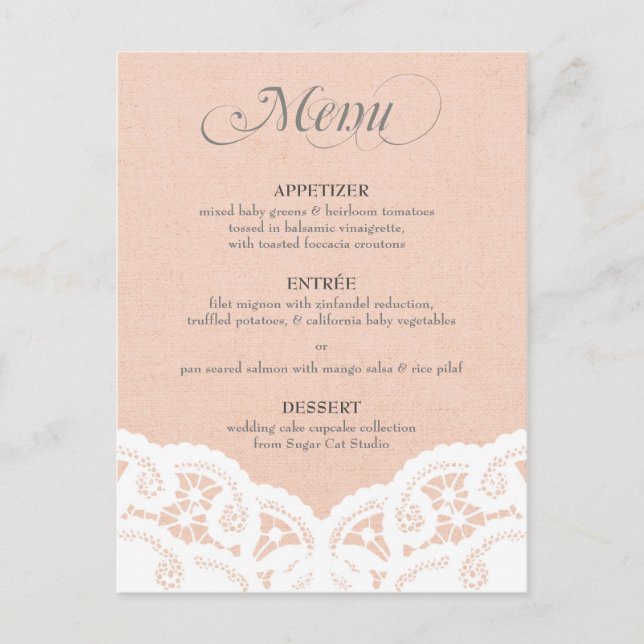 Peach Lace Doily Wedding Menu (Front)