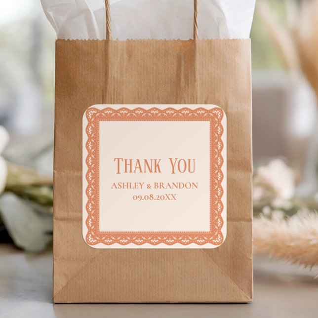 Peach Lace Label, Wedding Thank You Square Sticker (Creator Uploaded)