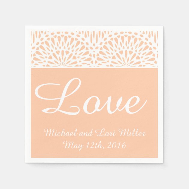 Peach Lace Love Wedding Paper Napkins