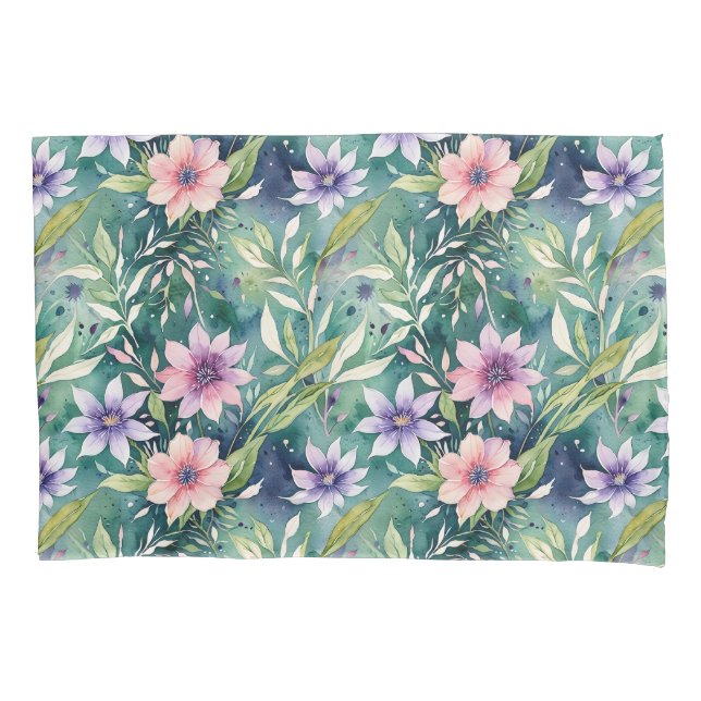 Peach, Lavender, and Teal Modern Floral Pillow Case (Front)