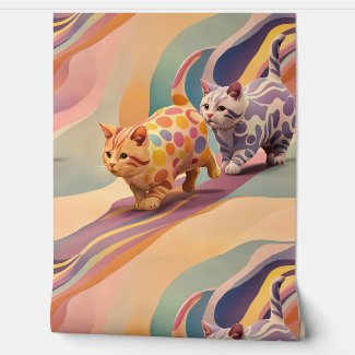 Peach Lavender Cats Fun Playful DIY Peel and Stick Wallpaper