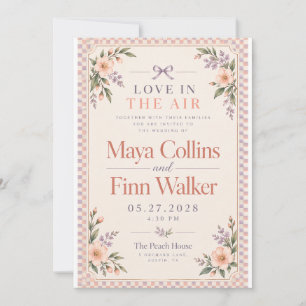 Peach Lavender Checker Floral Wedding Invitation