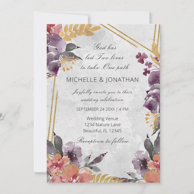 Peach Lavender Floral Gold Frame Christian Wedding Invitation (Front)