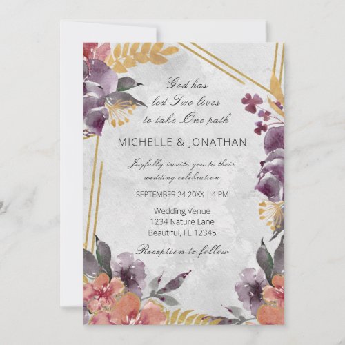 Peach Lavender Floral Gold Frame Christian Wedding Invitation