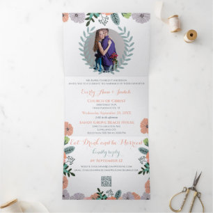Peach Lavender Love Mint Green Floral Wedding Tri-Fold Invitation