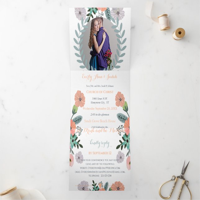 Peach Lavender Love Mint Green Floral Wedding Tri-Fold Invitation (Inside)