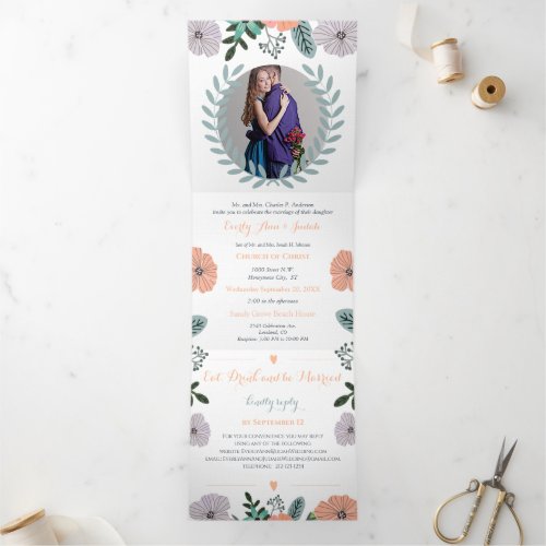 Peach Lavender Love Mint Green Floral Wedding Tri_Fold Invitation