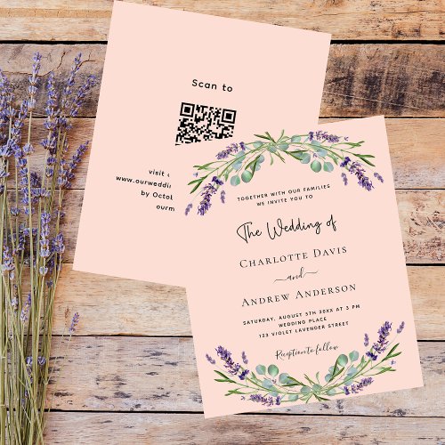 Peach lavender QR RSVP budget wedding invitation