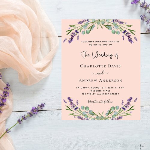 Peach lavender violet budget wedding invitation