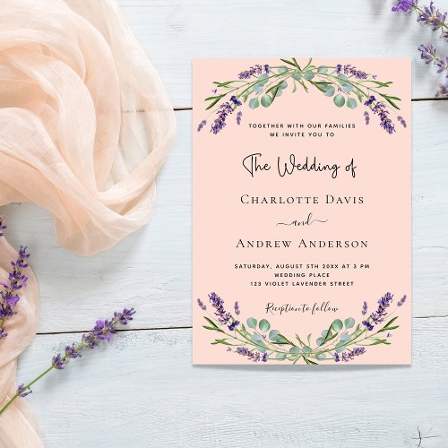 Peach lavender violet florals greenery wedding invitation