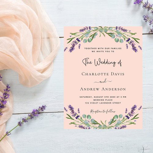 Peach lavender violet florals greenery wedding invitation postcard