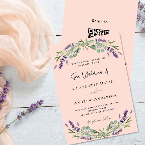 Peach lavender violet florals QR code RSVP wedding Invitation