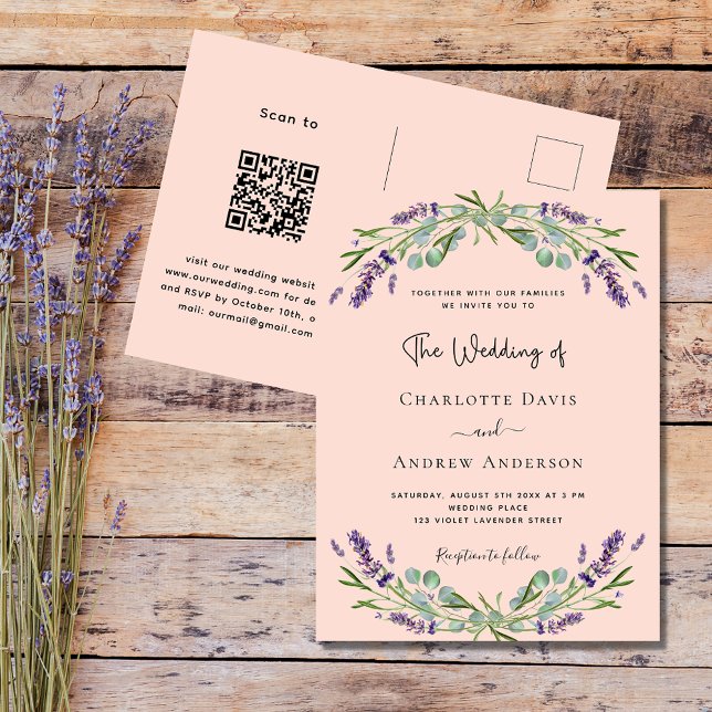 Peach lavender violet florals QR code RSVP wedding Invitation Postcard (Creator Uploaded)