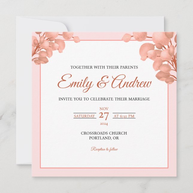 Peach Leaf Watercolor Floral Square Wedding Invitation (Front)