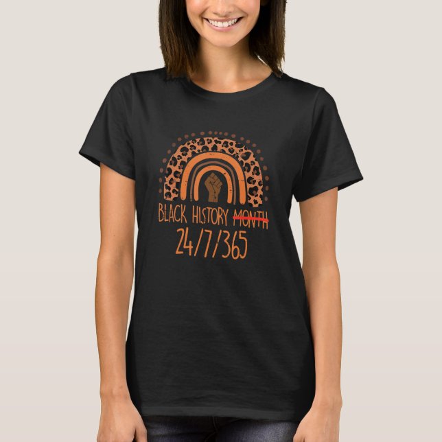 Peach Leopard Rainbow Fist Black History 24 7 365  T-Shirt (Front)