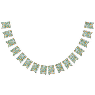 Peach & Light Blue Peony & Rose Floral Wedding Bunting Flags