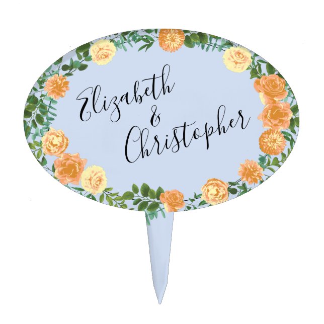 Peach & Light Blue Peony & Rose Floral Wedding Cake Topper (Front)