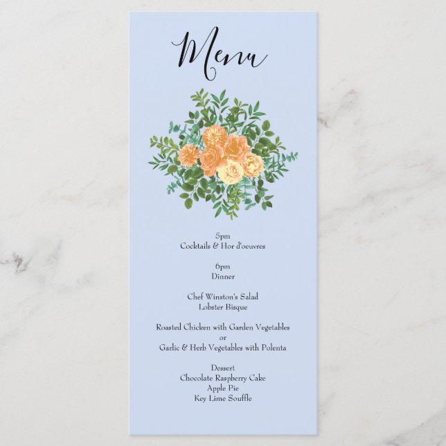 Peach Light Blue Peony & Rose Floral Wedding Menu (Front)