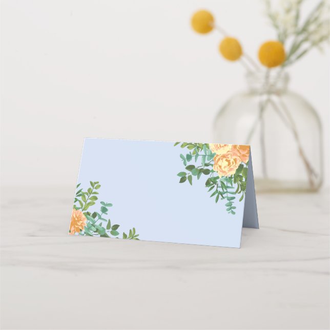 Peach & Light Blue Peony & Rose Floral Wedding Place Card (Front)