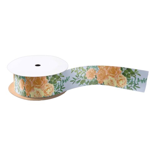 Peach  Light Blue Peony  Rose Floral Wedding Satin Ribbon