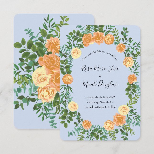 Peach Light Blue Peony Rose Wedding Save Date Invitation (Front/Back)