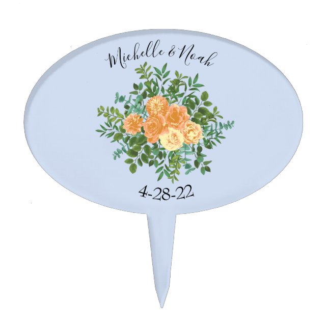 Peach Light Blue Wedding Roses Floral Cake Topper (Front)