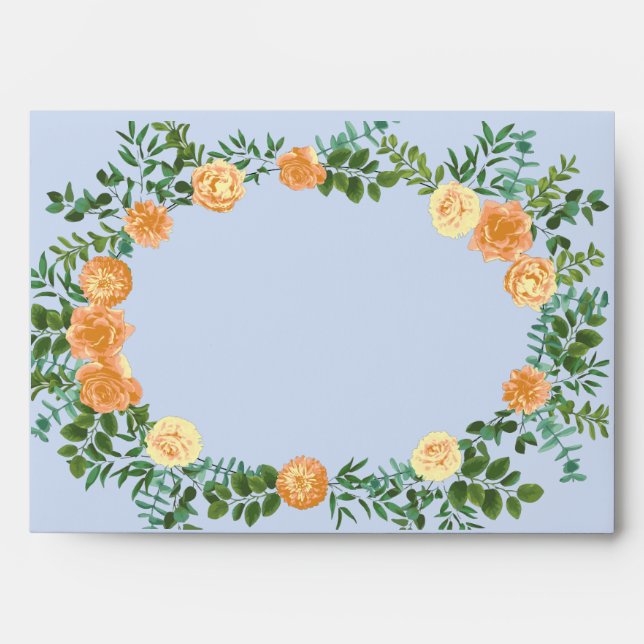Peach Light Blue Wedding Roses Floral Envelope (Front)