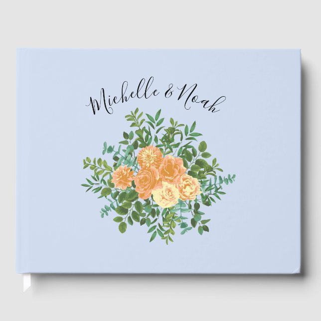 Peach Light Blue Wedding Roses Floral Guest Book (Front)