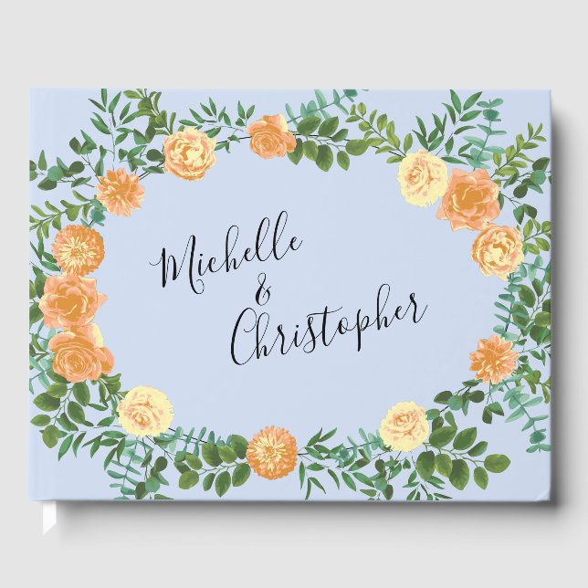 Peach Light Blue Wedding Roses Floral Guest Book (Front)