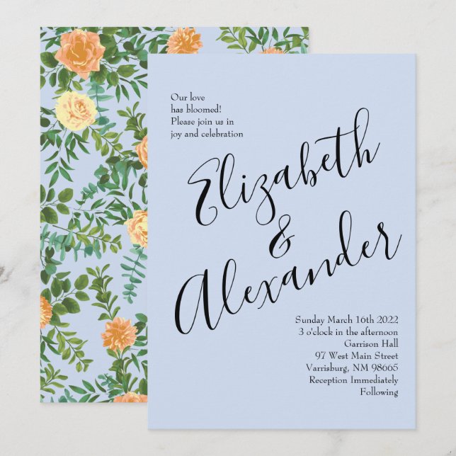 Peach Light Blue Wedding Roses Floral Invitation (Front/Back)
