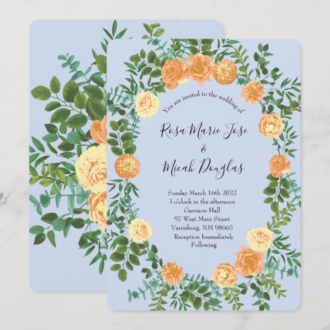 Peach Light Blue Wedding Roses Floral Invitation (Front/Back)