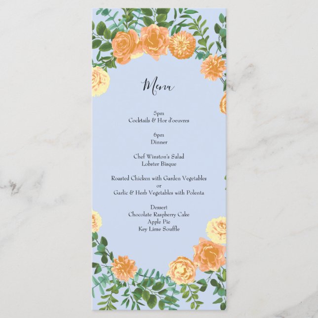 Peach Light Blue Wedding Roses Floral Menu (Front)