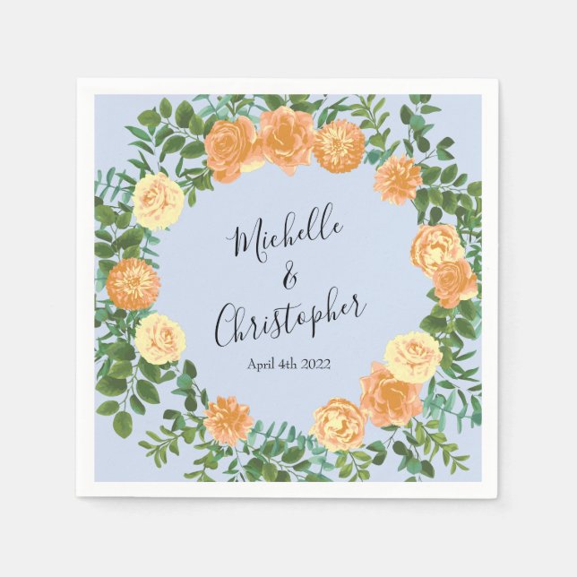 Peach Light Blue Wedding Roses Floral Napkins (Front)