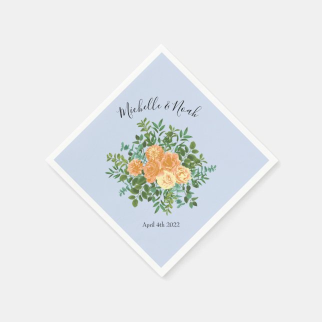 Peach Light Blue Wedding Roses Floral Napkins (Corner)